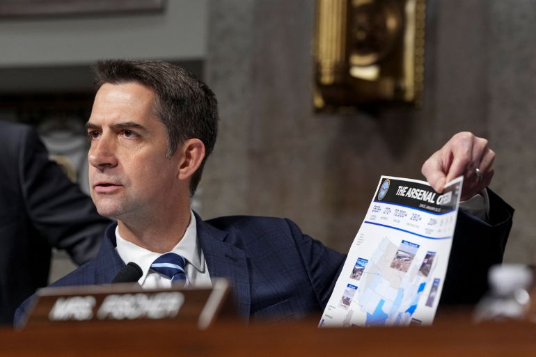 Committee member of the Senate Armed Services Committee, U.S. Senator Tom Cotton (R-AR), holds a sheet of paper with the header "The Arsenal of Freedom" as he speaks during a Senate Armed Services Committee hearing on U.S. President Donald Trump's FY2027 budget request for the Department of Defense on Capitol Hill in Washington, D.C., U.S., April 30, 2026. REUTERS/Ken Cedeno