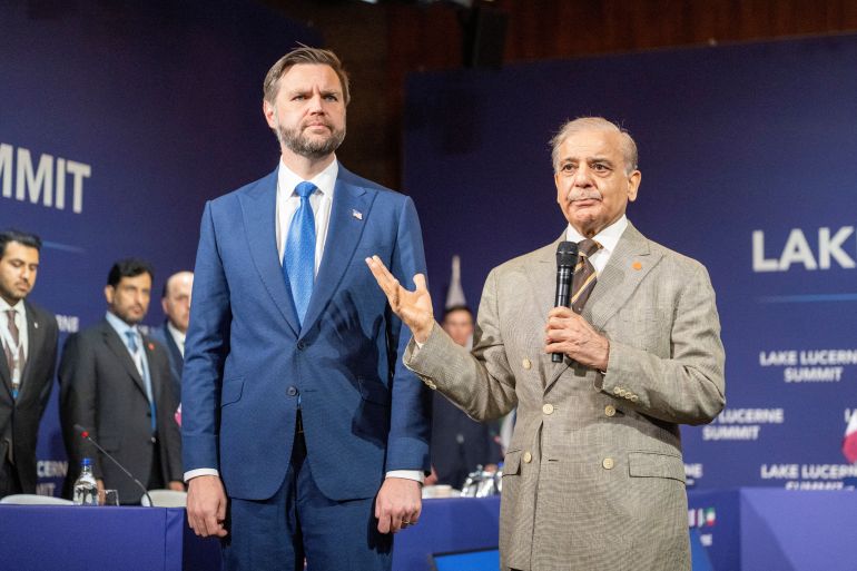 U.S. Vice-President JD Vance and Prime Minister of Pakistan Shehbaz Sharif, at the Lake Lucerne Summit at the Buergenstock resort in Obbuergen, near Lucerne, Switzerland, Sunday, June 21, 2026. URS FLUEELER/Pool via REUTERS