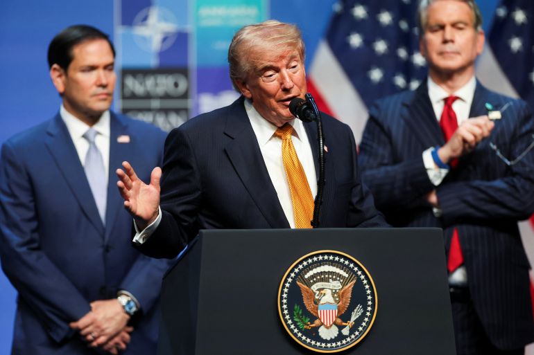 U.S. Secretary of State Marco Rubio and Treasury Secretary Scott Bessent listen as U.S. President Donald Trump speaks to the media on the day of a NATO leaders' summit in Ankara, Turkey, July 8, 2026. REUTERS/Umit Bektas
