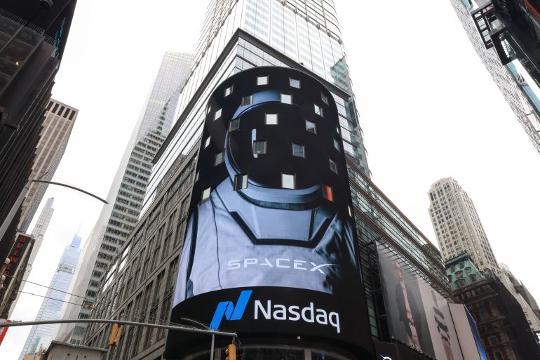 A view of the Nasdaq MarketSite after SpaceX company executives rang the opening bell to celebrate the launch of SpaceX’s initial public offering (IPO) in New York on June 12, 2026.