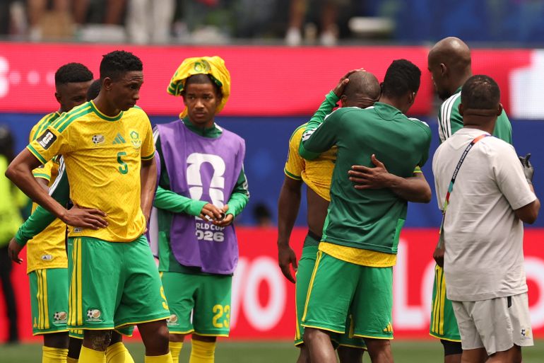 South Africa's players react after losing the 2026 World Cup round of 32 football match between South Africa and Canada at the Los Angeles Stadium in Inglewood on June 28, 2026.