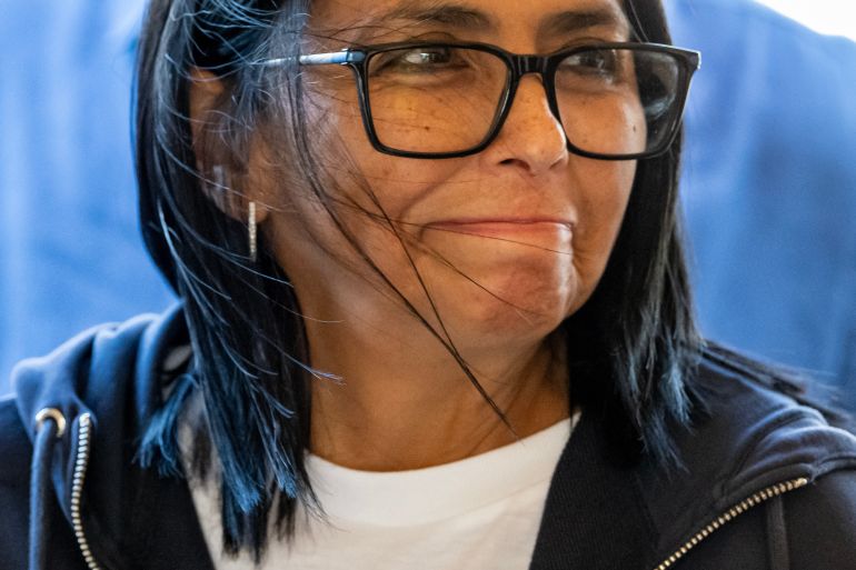 Venezuela's interim President Delcy Rodriguez gestures as she visits a temporary camp of the French Civil Security in La Guaira, La Guaira state, on July 1, 2026, following the June 24 twin earthquakes in Venezuela.