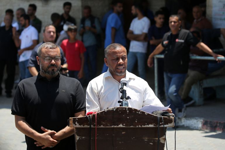 Ismail al-Thawabta, head of Hamas' government media office, addresses a press conference at the Al-Aqsa Hospital in Deir al-Balah, central Gaza Strip on July 6, 2026.