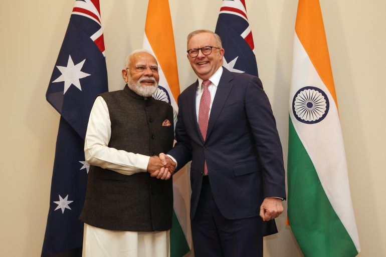 Indian Prime Minister Narendra Modi, left, is welcomed by Australian Prime Minister Anthony Albanese in Melbourne, Australia on July 9, 2026.