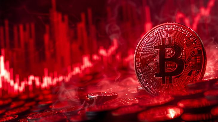 Bitcoin with red chart down. Crypto and Bitcoin cryptocurrency stock trading background concept.