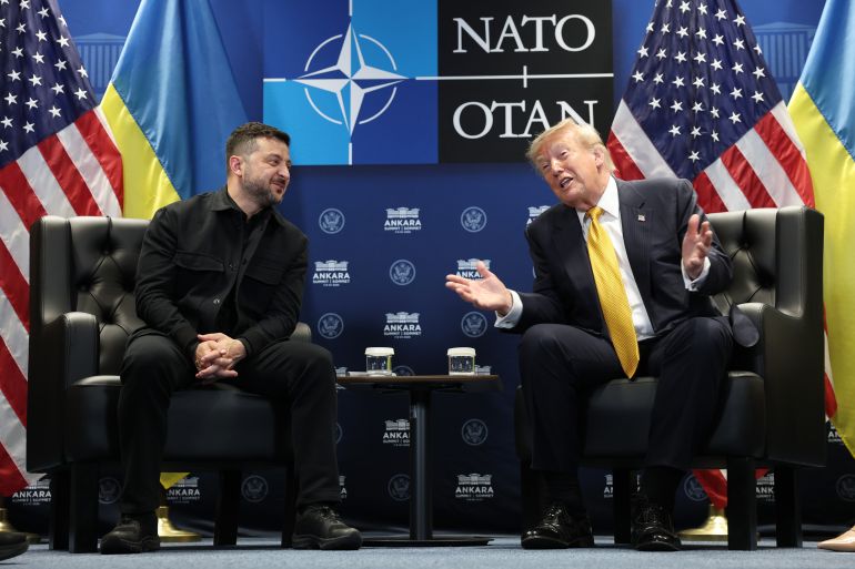 ANKARA, TURKEY - JULY 08: U.S. President Donald Trump (R) meets with Volodymyr Zelenskyy, President of Ukraine (L) for bilateral talks at Beştepe Presidential Compound during the NATO Summit on July 08, 2026 in Ankara, Turkey. Leaders from NATO's 32 countries, plus NATO allies like Ukraine, gathered in the Turkish capital to discuss a range of issues involving spending targets, defense industrial production, and support for Ukraine, among other topics. (Photo by Win McNamee/Getty Images)