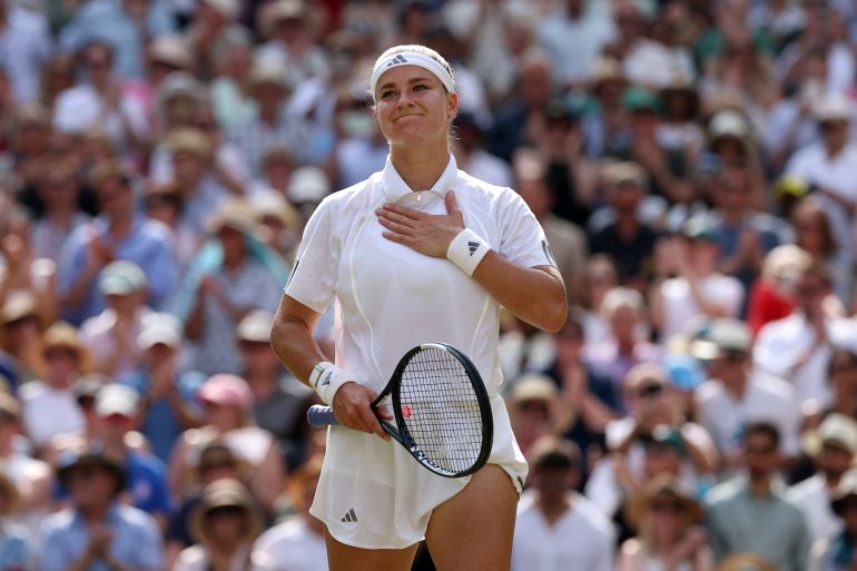 LONDON, ENGLAND - JULY 09: Karolina Muchova of Czechia acknowledges the crowd following victory over Coco Gauff of United States during their Ladies' Singles semifinal match on day eleven of The Championships Wimbledon 2026 at All England Lawn Tennis and Croquet Club on July 09, 2026 in London, England. (Photo by Matthew Stockman/Getty Images)