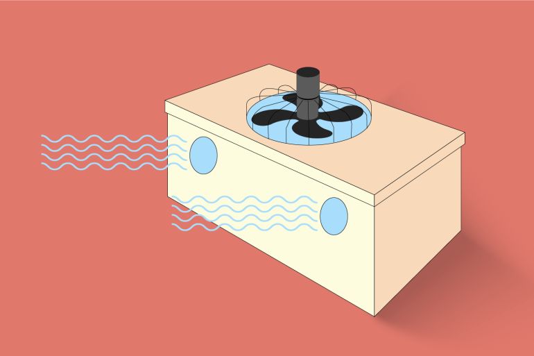 An illustration of a homemade air cooler made from a foam box with a small electric fan mounted on top.