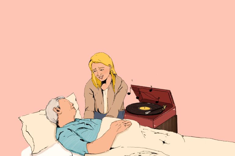 An illustration of a dying man in bed surrounded by his daughter and musicians