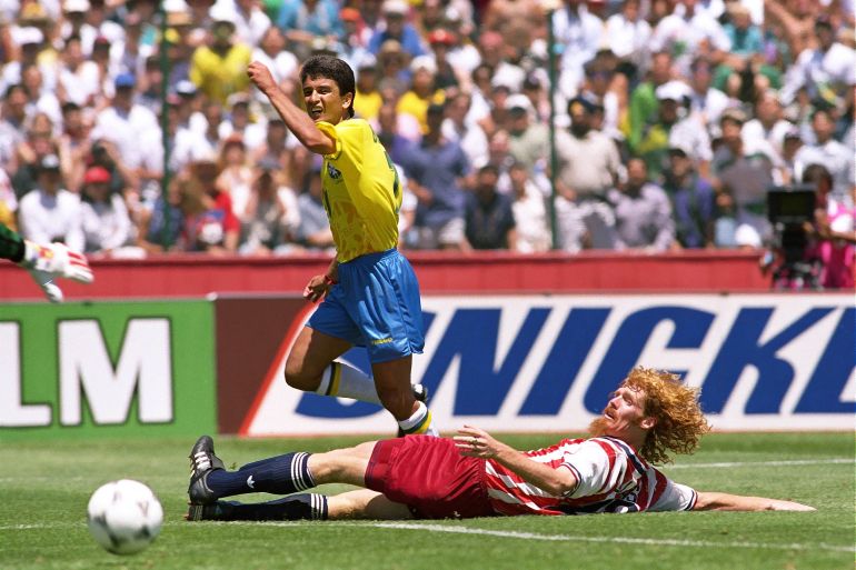 Football - 1994 FIFA World Cup - Second Round - United States of America v Brazil - Stanford Stadium, San Francisco - 4/7/94 Bebeto of Brazil scores the winner Mandatory Credit: Action Images