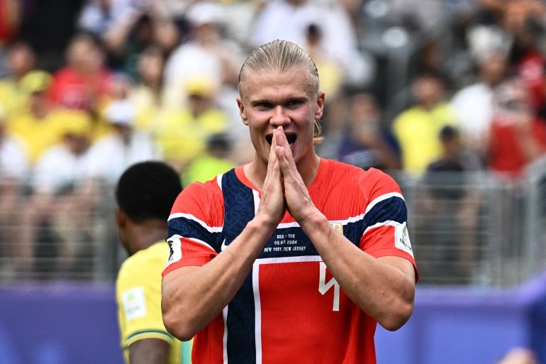 Soccer Football - FIFA World Cup 2026 - Round of 16 - Brazil v Norway - New York New Jersey Stadium, East Rutherford, New Jersey, U.S. - July 5, 2026 Norway's Erling Haaland reacts after missing a chance to score REUTERS/Dylan Martinez